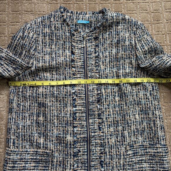J. McLaughlin Tweed Coat Jacket Women's L Blue Tan Zip Up Preppy Frayed Trim - Picture 7 of 8